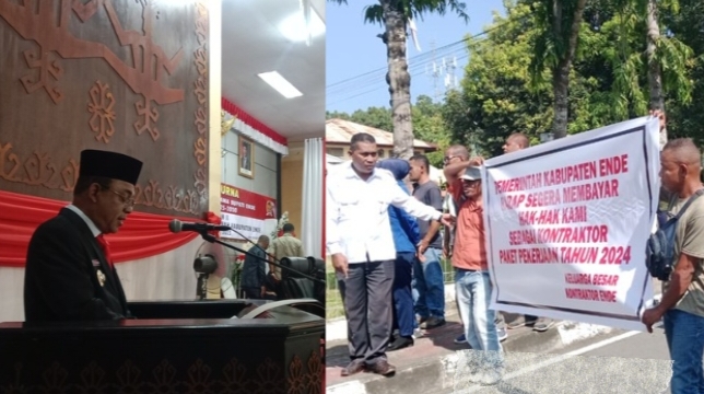 Gambar: Bupati Ende, Yoseph Benediktus Badeoda (Kiri) Menyampaikan Pidato Perdana dan Aksi Kontraktor Ende (Kanan) /Sumber Foto: Red/TR.